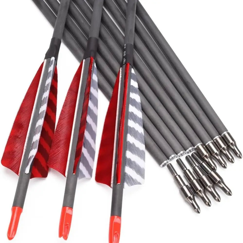Carbon 600-700 Spine 30 Turkey Feather Fletched Arrows with Screw-In Points for Traditional, Recurve, and Compound Bows Hunting