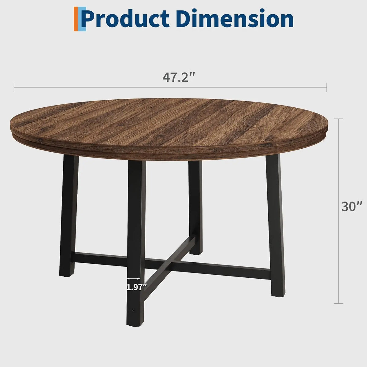 47" Round Industrial Dining Table - Rustic Wood Top w/Metal Frame, Seats 4-6 (No Chairs)