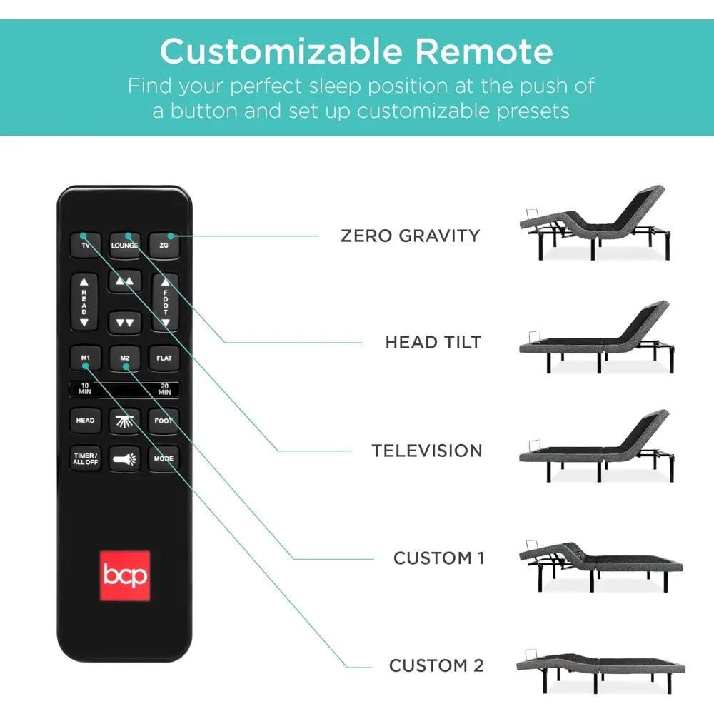 Ergonomic Twin XL Adjustable Bed Frame with Electric Base, Wireless Remote, Nightlight, and Massager Features