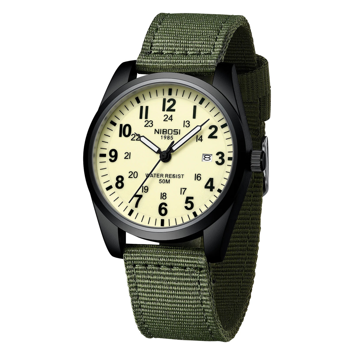 NIBOSI Mens Watches Analog Military Watch with Calendar Luminous Dial Green Nylon Strap Waterproof Men's Wrist Watches Vintage