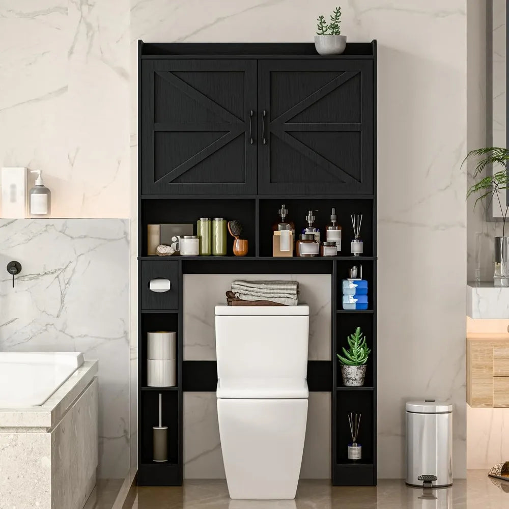 Over The Toilet Storage Cabinet, Farmhouse Toilet Cabinet Rack with Barn Doors, Space Saving Bathroom Organizer with Shelves, To