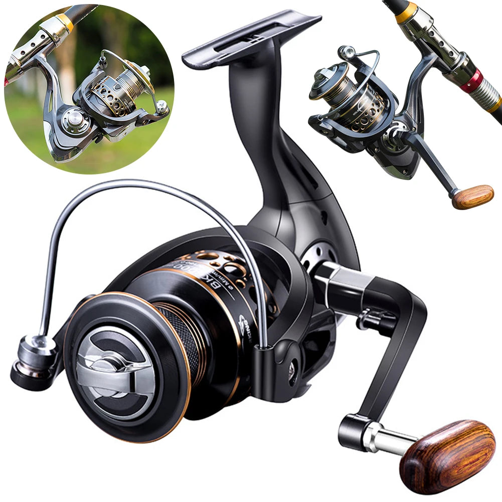 Spinning Reels Saltwater Freshwater Casting Fishing Reel Tackle with Wood Handle Max Drag Power Fishing Reel for Freshwater