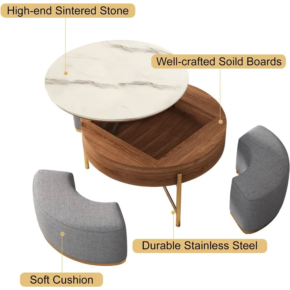 32'' Elegant Round Lift-Top Marble Coffee Table Set with Hidden Storage Soft Nesting Ottomans Modern Farmhouse Living Room Decor