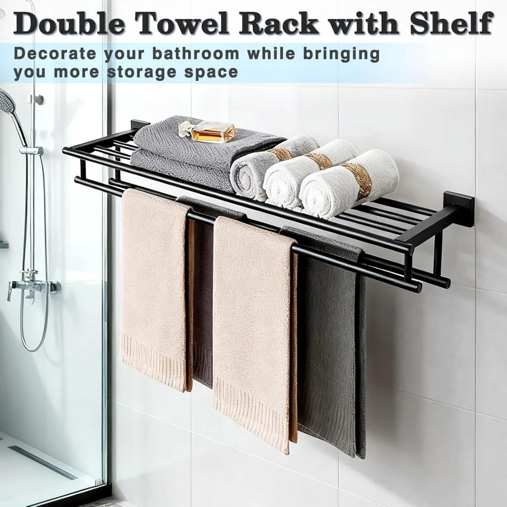 Stainless Steel Double Towel Bar with Shelf, Wall Mount Bathroom Towel Holder, Matte Black for Modern Home Decor