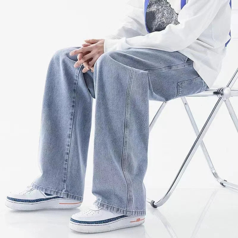 High Street Fashion All-Season With Drawstring Closure And Slight Stretch Jeans Men's Retro Straight Loose Wide Leg Casual Jeans