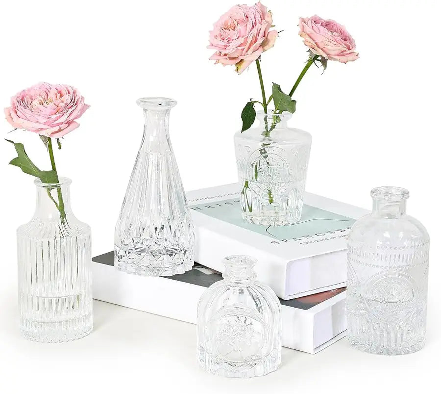 Glass Bud Vase Set of 5, Gold Amber Small Flower Vases for Centerpieces in Bulk, Mini Vintage Vase for Rustic Wedding, Home,Tabl