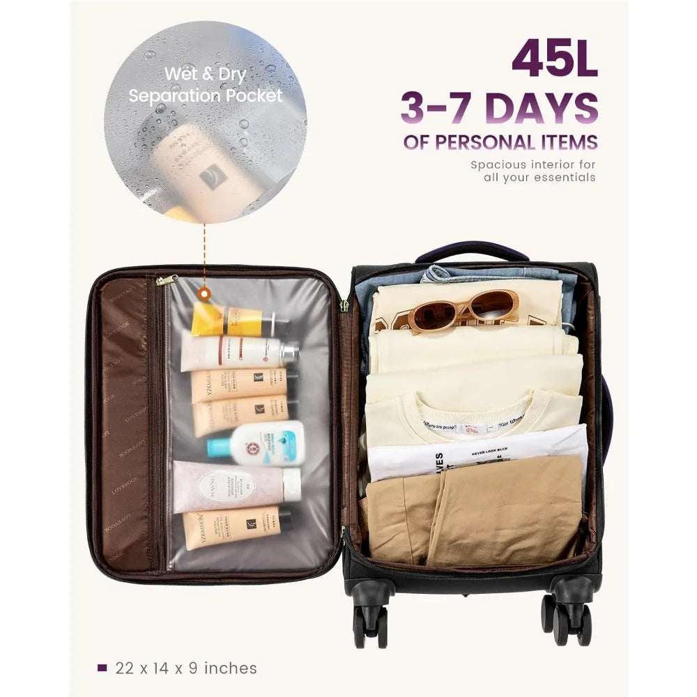 Airline Approved 20 Inch Softside Rolling Suitcase Set, 22x14x9 Inches, Carry-On Luggage with Wheels for Travel