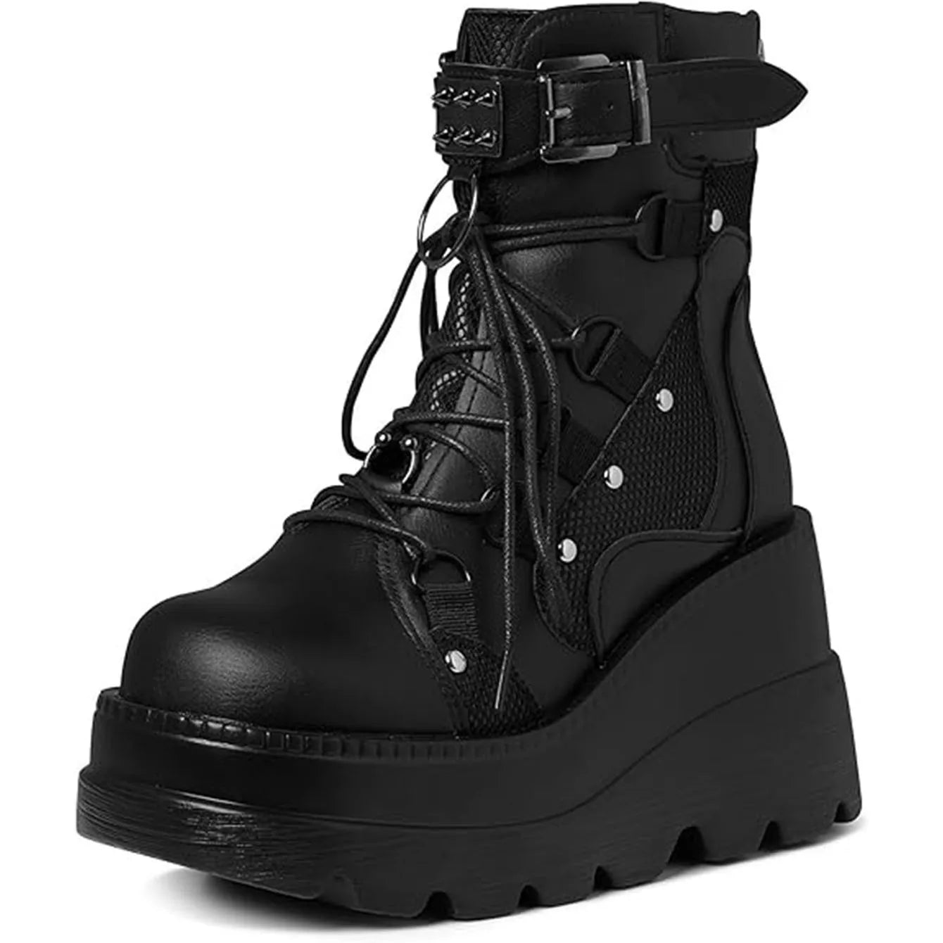 Women's Goth Cosplay Wedge Combat Ankle Boots Fashion Stylish Punk Buckle Lace-up Zipper Dress Boots Ladies Summer Outdoor Shoes