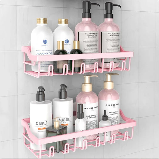 2 Pack Adhesive Shower Caddy Rustproof Stainless Steel Shower Racks for Bathroom Organizers and Storage Pink Wall Mounted Showe