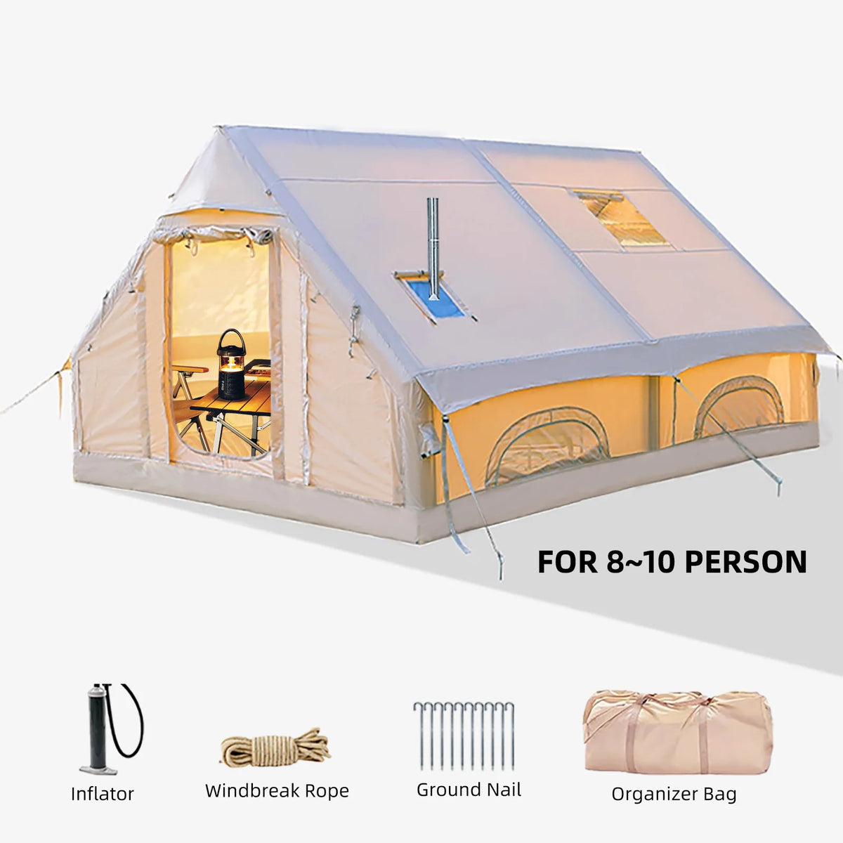 SENLEETO 8-10 People Glamping Inflatable Tents , 129 ft² Large Blow Up Tent with Hand Pump, 420D Oxford Fabric Camping Tent