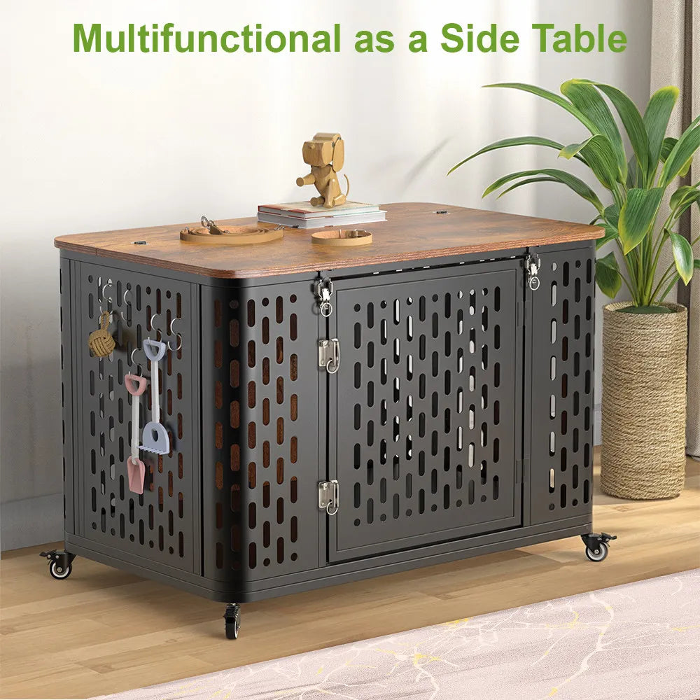 Dog Crate Pet Furniture with Cushion Wood Dog Kennel with Flexible Wheels Multi-Purpose Dog Cage for Large Small Medium Dogs