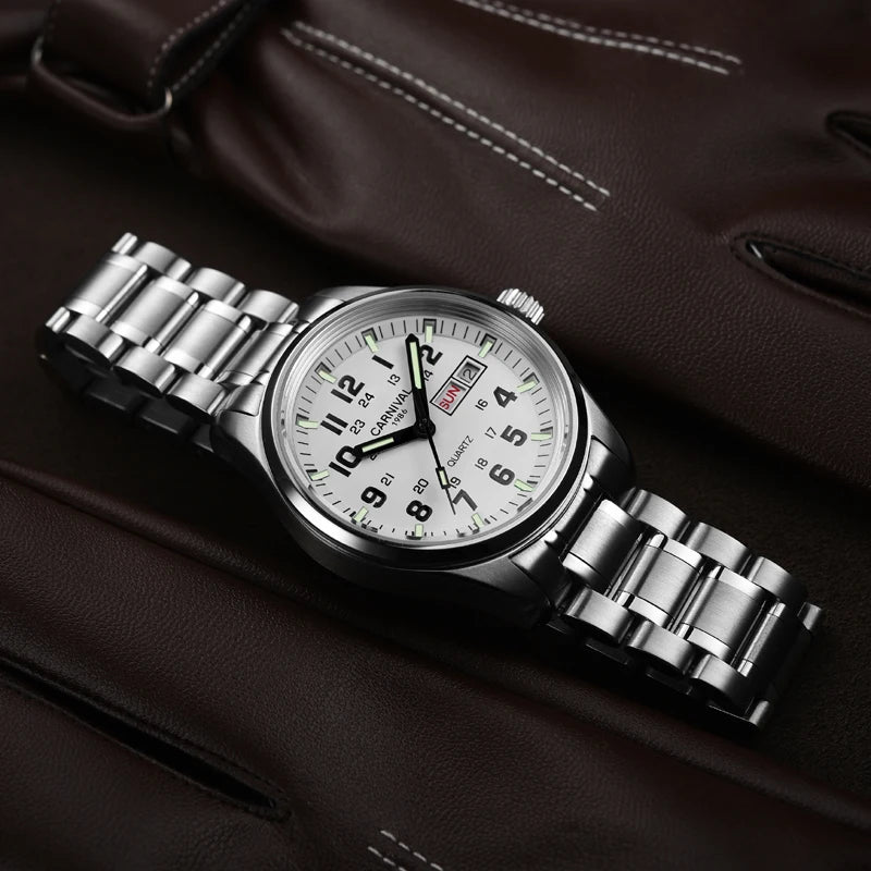 Carnival Brand Fashion Quartz Wrist Watch for Men Luxury Stainless Steel Luminous Military Watches Waterproof Clock Reloj Hombre
