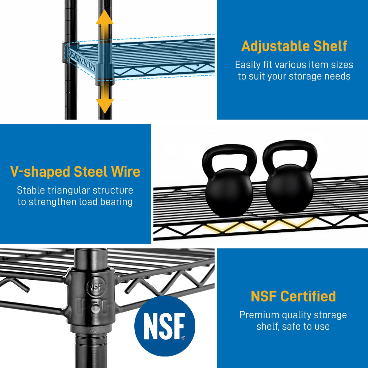 49.2"W NSF Wire Shelving Unit: Adjustable, Multi-row Storage Rack Shelves. Heavy Duty for Garage, Pantry, Kitchen.