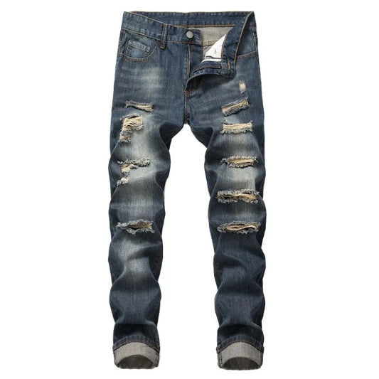 Men's Clothing Ripped Straight Slim-fit Non-elastic Jeans More Ripped Men's Trousers Jeans for Men Cargo Pants Men