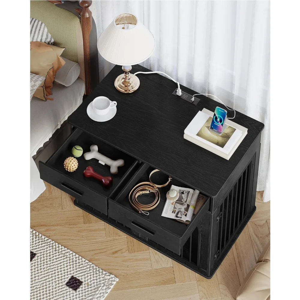39.4'' large dog crate furniture with 2 storage drawers, heavy duty dog kennel indoor with charging station, wooden dog cage end