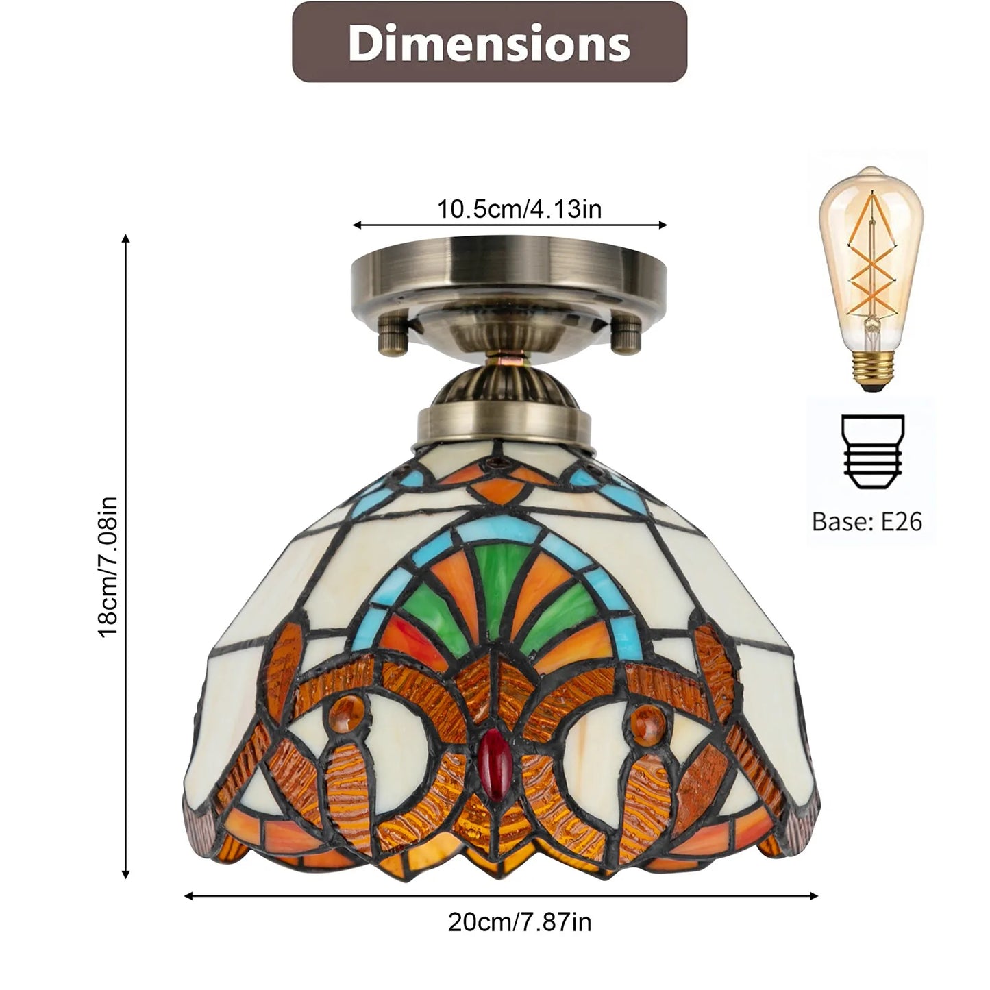 Ceiling Light E26 Baroque Stained Glass Semi Flush Mount Retro Style Lighting Lamp 3000-5000K