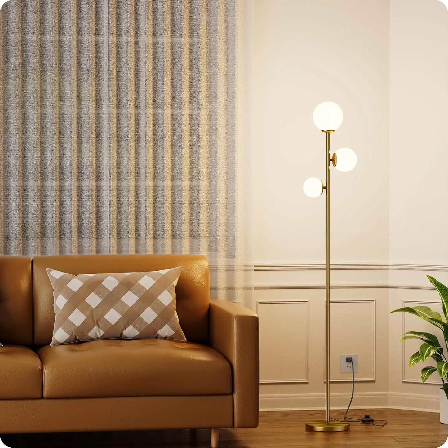 Floor Lamp with 3 Frosted Glass Shades, LED Floor Lamp for Living Room Bedroom Office, Gold with Foot Switch