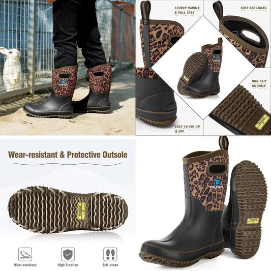 Trudave Rubber Boots for Women, Mid Calf Rain Boots, Womens Waterproof Boots, Neoprene Insulated Outdoor Work Mud Boots for Hunt