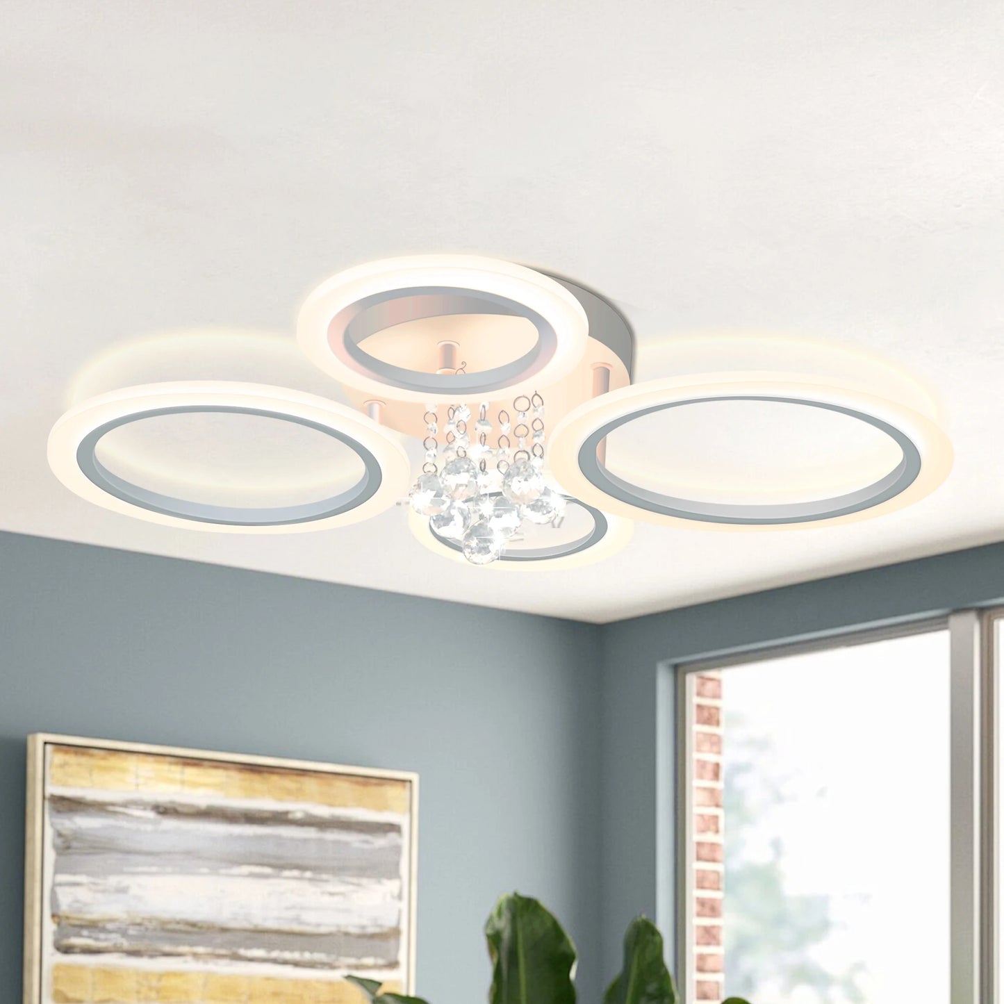 Dimmable Modern Flush Mount Ceiling Lighting Fixture White 4 Rings Round Chandelier Ceiling Lamp for Small Room, Bedroom