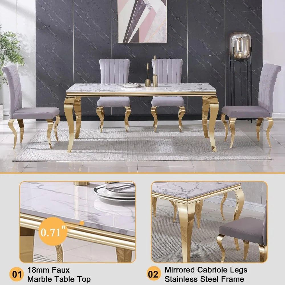 Marble Dining Table for 4 6, 70 Inch White Gold Kitchen Table with Faux Marble Top & Cabriole Stainless Steel Legs, Modern Recta