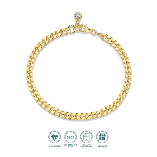 JIUZUAN 4mm Moissanite Bracelet for Women, S925 Silver, 18K Gold Plated, D-Color VVS1, Hypoallergenic Christmas Gift Jewelry