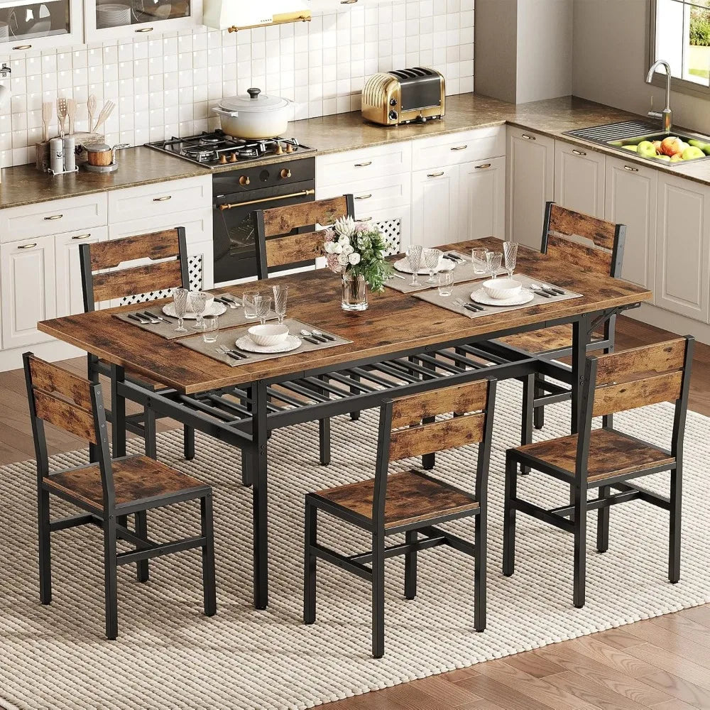 7-Piece Dining Table Set for 4-6, 63 Extendable Kitchen Table and 6 Chairs, Rectangle Dining Room Table Set for 6 with Wine Rack