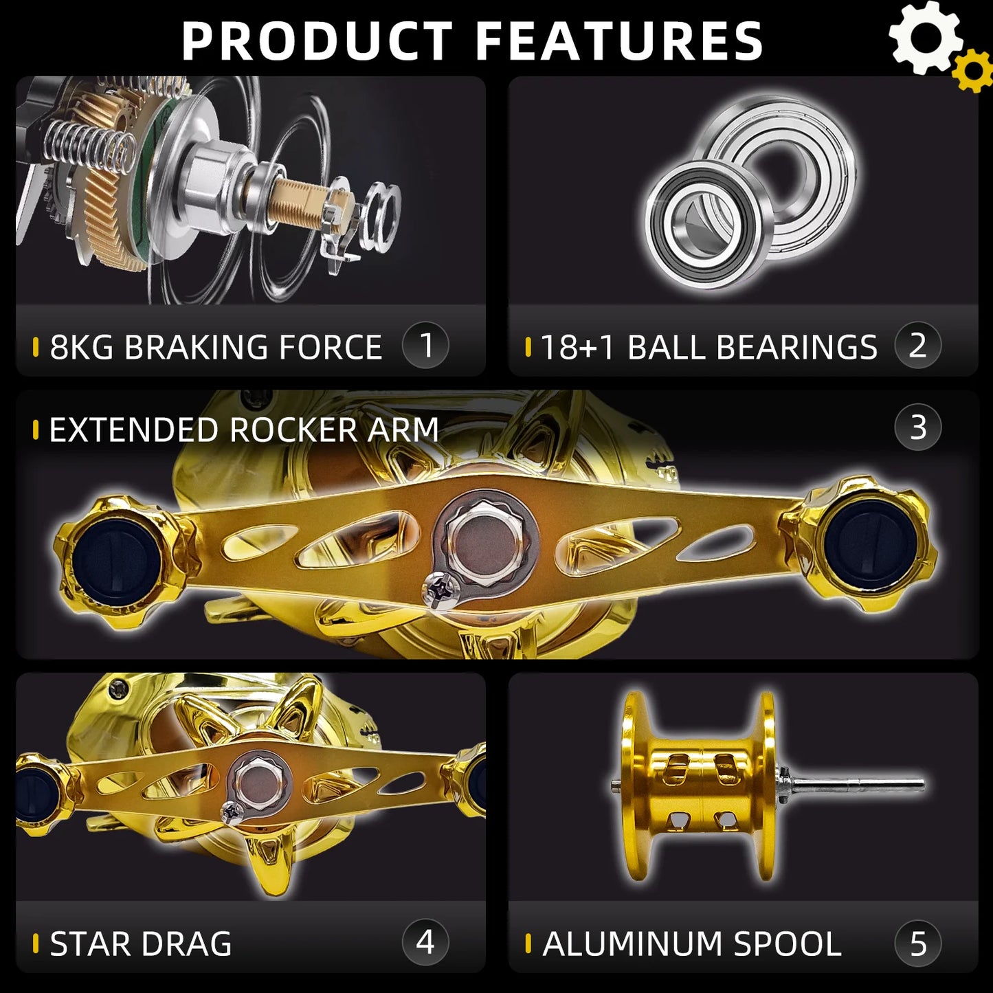 Ambidextrous Aluminum Alloy & Stainless Steel Baitcasting Fishing Reel - Rotating, 18+1 Bearings, Golden, Multipurpose