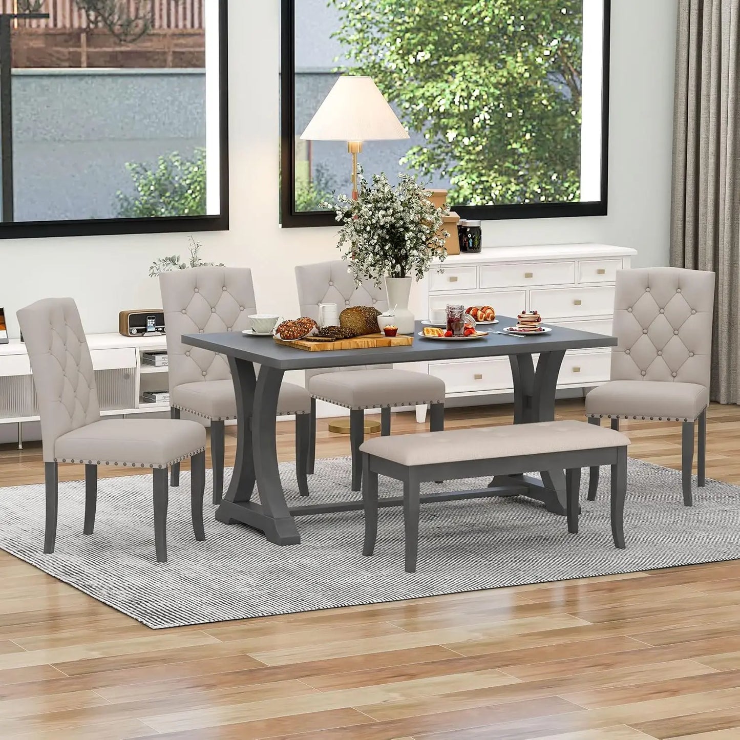 6-piece dining table set with bench for 6 rectangular kitchen table set with 4 chairs & bench retro dining room table and chairs