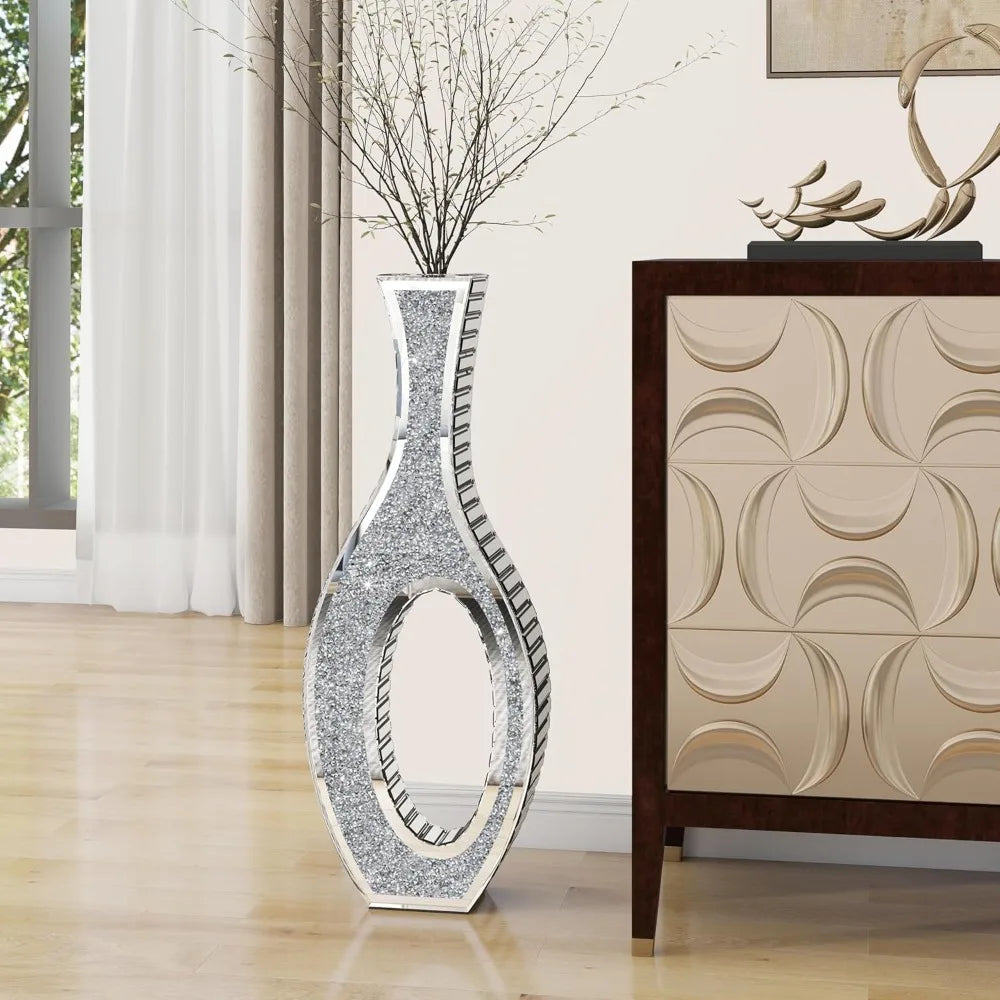 Floor Vase Crushed Diamond Mirrored Vase 30” Tall, Large Silver Tall Vases for Floor Crystal Hollow Decorative Glass Vase