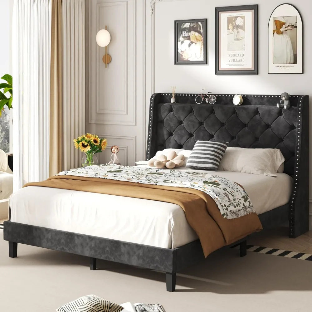 Queen Size Upholstered Bed Frame with Diamond Tufted Headboard, Storage, and Wingback Design