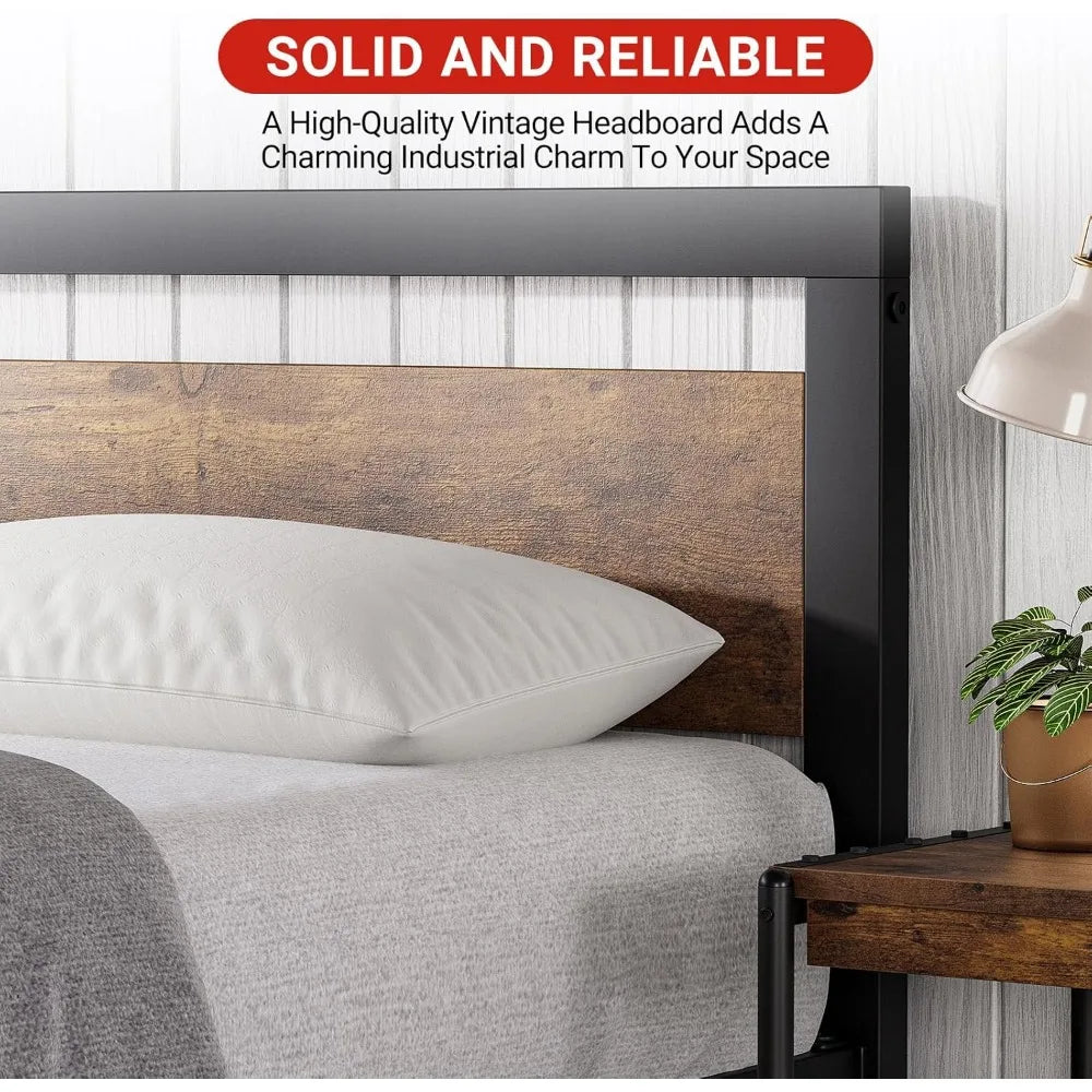 Industrial Style King Size Platform Bed Frame with Headboard, No Box Spring Needed, Easy Assembly for 14 Inch Mattress