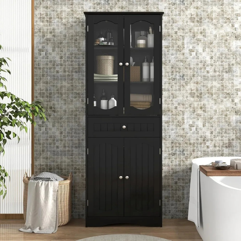 63" Tall Bathroom Storage Cabinet, Freestanding Floor Cabinet with Glass Doors and Shelves, Kitchen Pantry for Living Room, Din