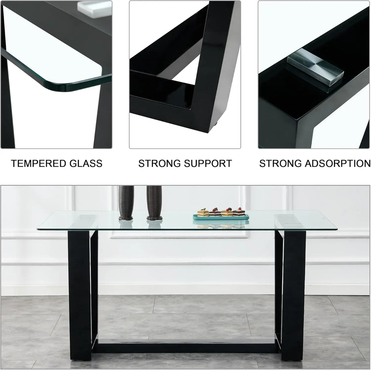 63" Glass Dining Table Set for 6,Dinner Table Set for 6,Glass Top Dining Room Table &6 PU Leather Chairs,Rectangle Black