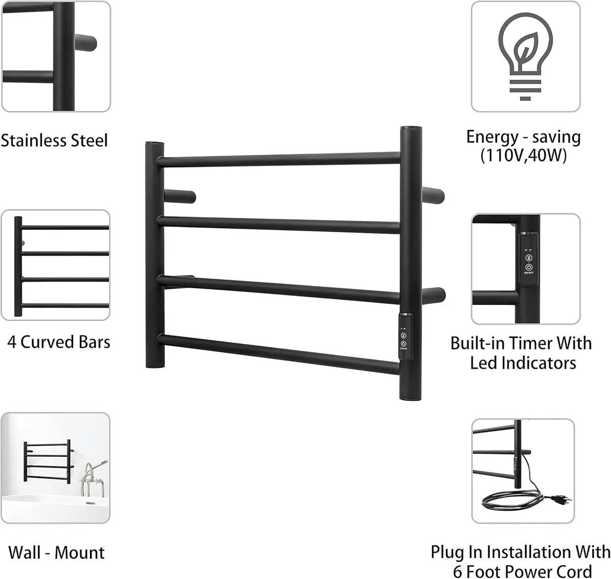 Towel Warmer Wall Mounted with Built-in Timer 4 Bars Electric Stainless Steel Heated Towel Racks for Bathroom, Hot Plug-in B