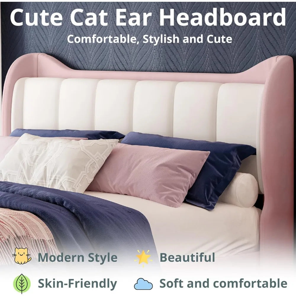 Velvet-Covered King Size Platform Bed Frame with LED Lighting, Headboard Included, Solid Wood Slat Support, No Box Spring Needed