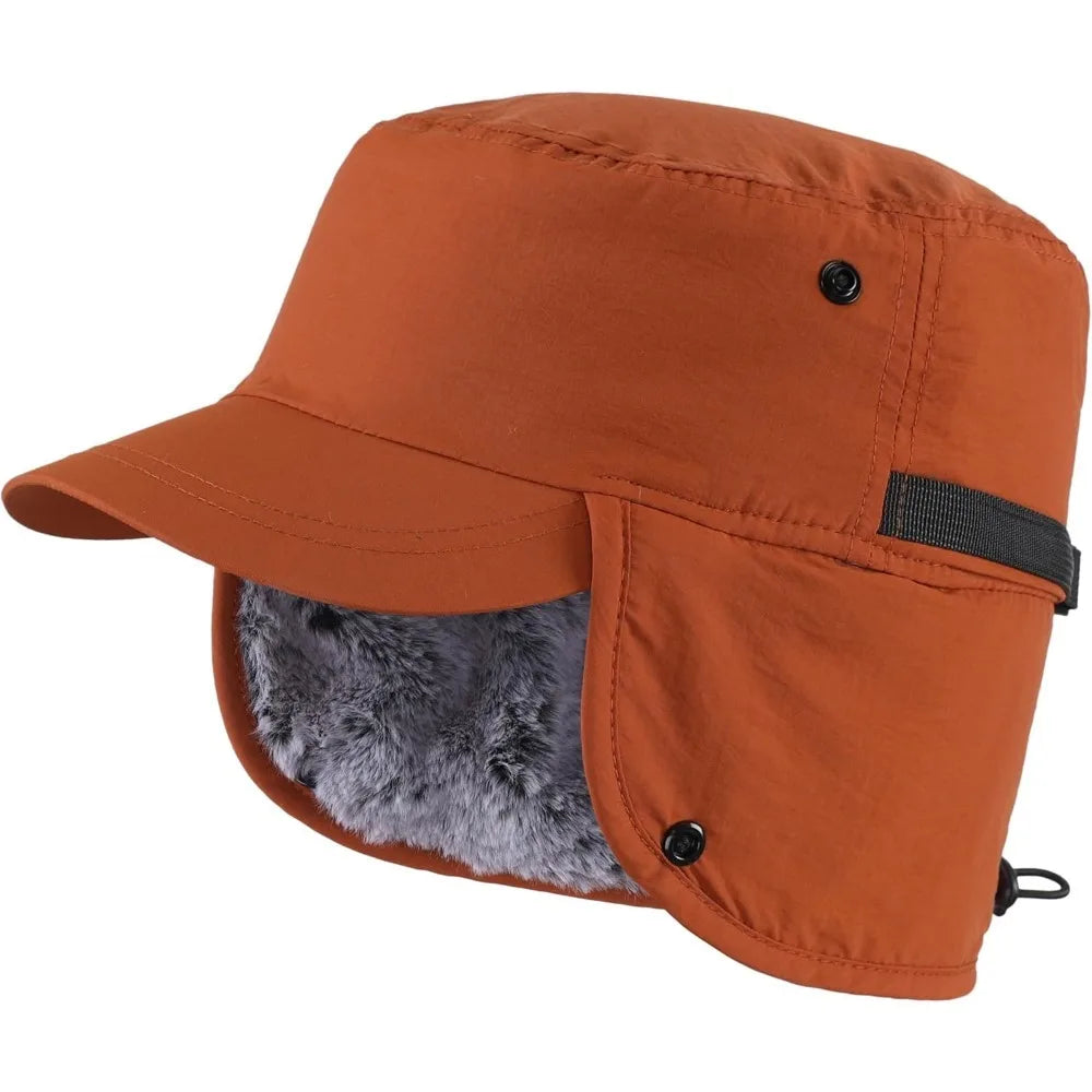 Men's Winter Hat with Visor Warm Earflaps Hat Fully Lined Faux Fur Baseball Cap Trapper Hunting Hats