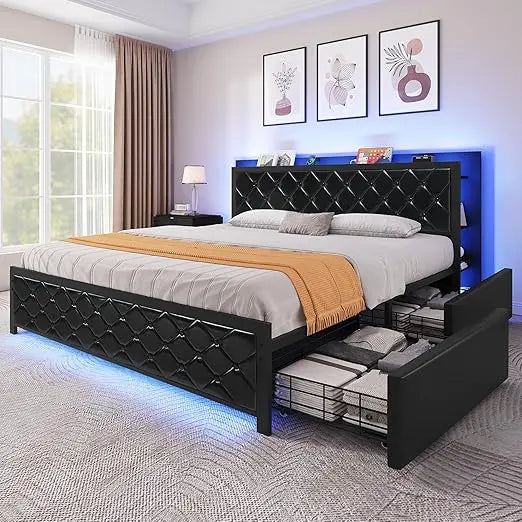 yitahome queen bed frame with rgb led lights headboard & 4 storage drawers, modern upholstered faux leather platform bed with us