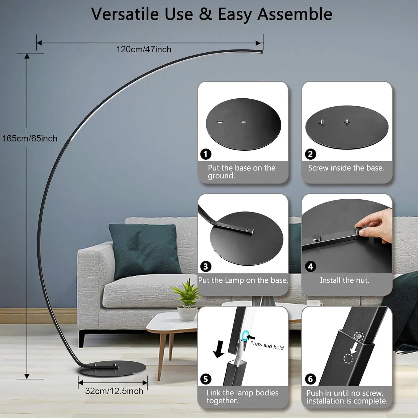 Arc Floor Lamp with Remote Control - Adjustable LED Floor Lamp, 67' Black, Modern for Living Room Bedroom Office