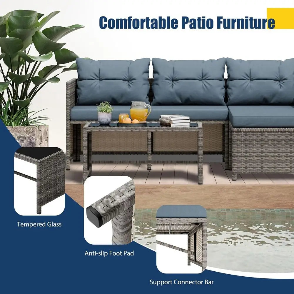 All-Weather Wicker Patio Furniture Set, Blue Outdoor Sofa Sectional with Cushions and Glass Table for Small Garden Conversation