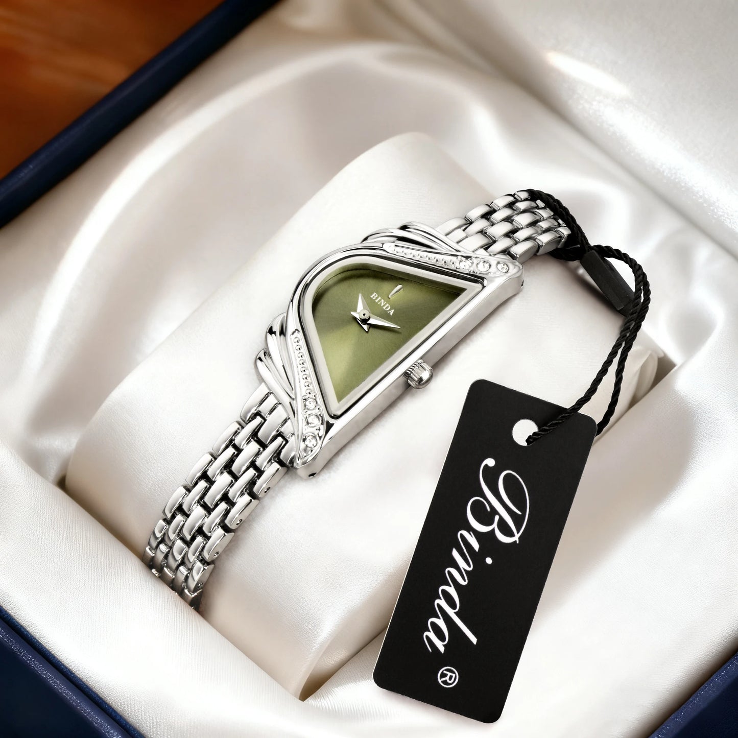 Binda Women’s Quartz Wristwatch – Silver Case, Blue Minimalist Dial, 30M Water Resistant, Elegant Gift Set with Box & Strap Adju