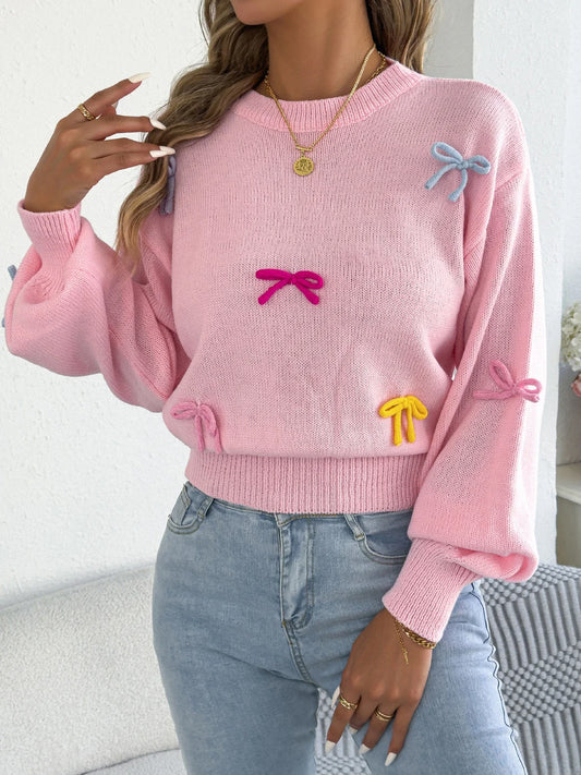 2025 Fashion Contrast Color Bows Knitted Sweaters Round Neck Lantern Long Sleeve Tops for Autumn Winter Casual Women Clothes
