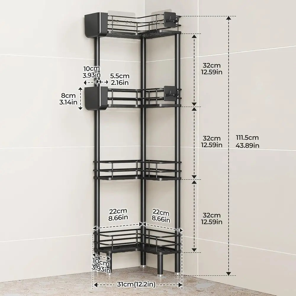 4-Tier Corner Shower Caddy Organizer with Toothbrush Holder, Large Spacing Floor Shelf Rack Storage Stand for Bathroom and Kitch