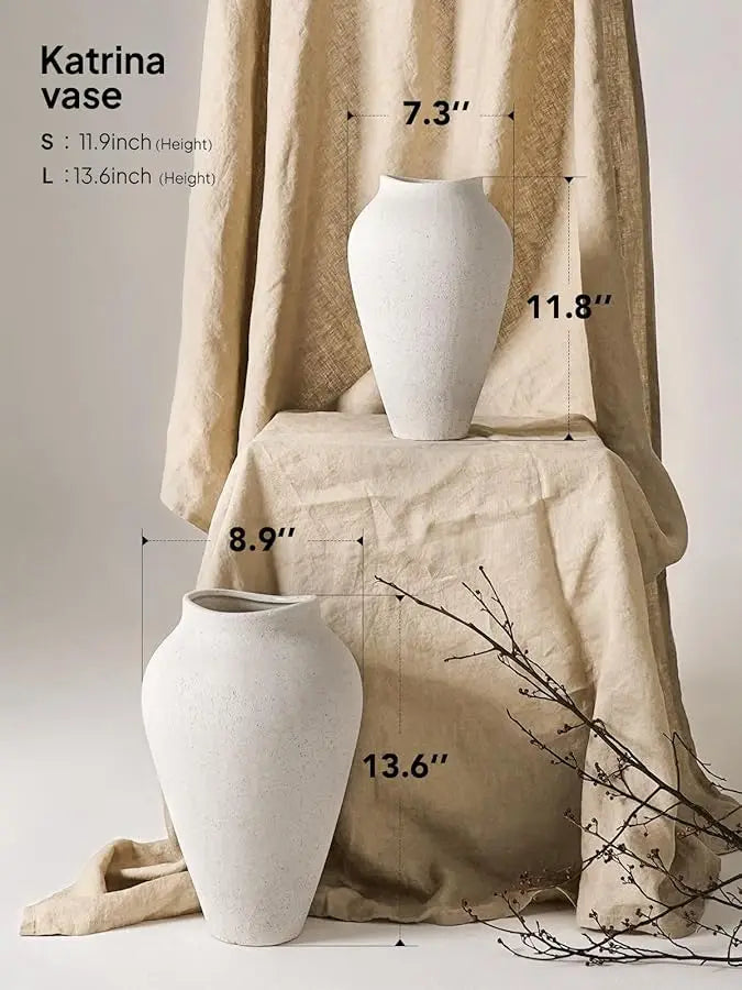 White Ceramic Vase - Large 11.8 Inch Tall Floor Vase for Centerpieces, Farmhouse Rustic Minimalist Home Decor for Living Room, E