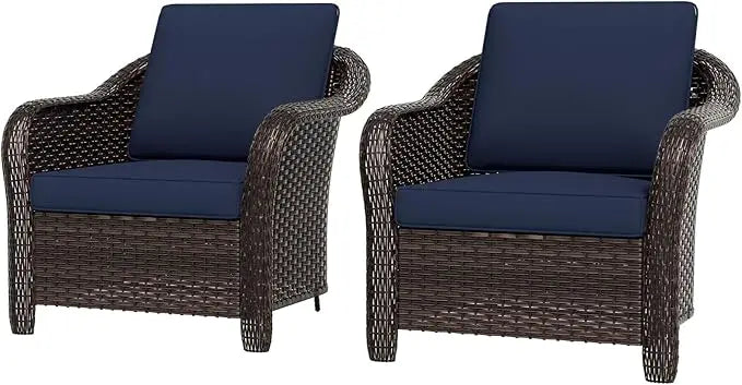 2-Piece Outdoor Wicker Chair Set All-Weather Patio Rattan with Seat & Back Cushion Ideal for Porch Backyard Balcony