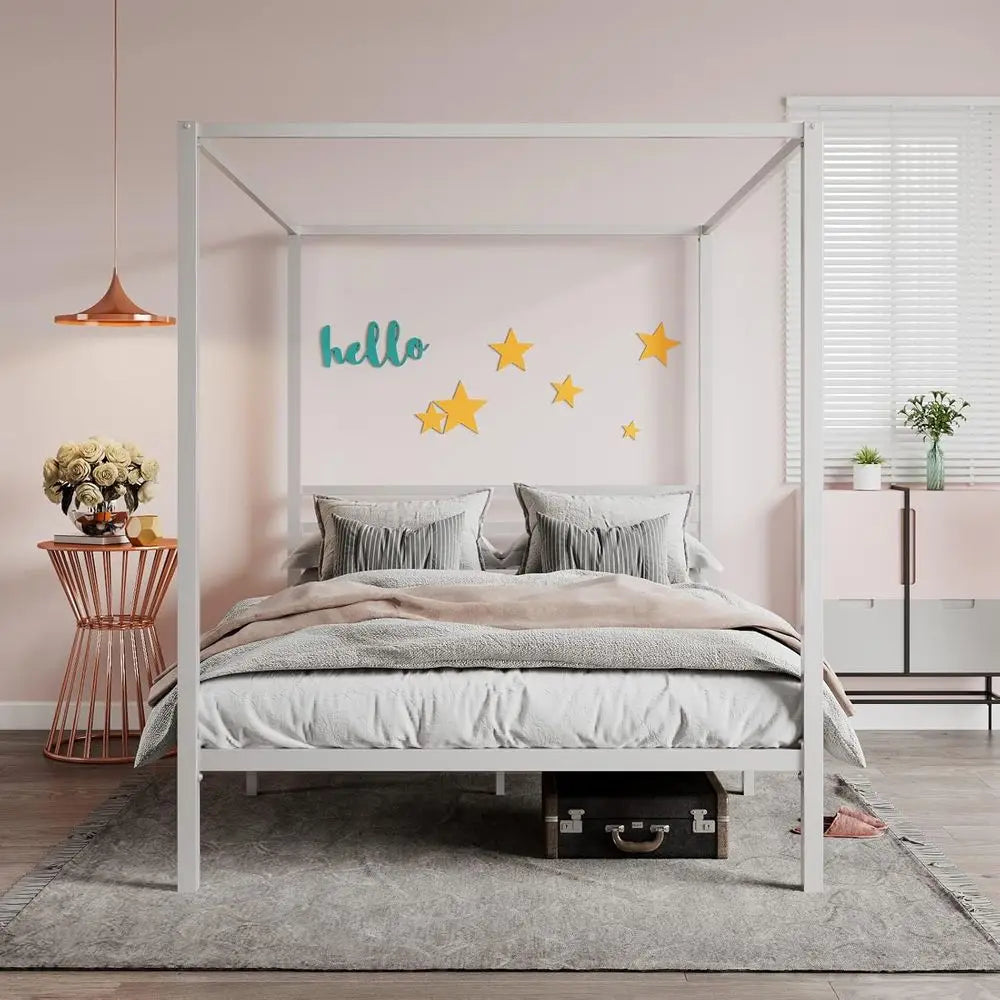 Queen Size Metal Canopy Bed Frame with Slat Support - No Box Spring Needed, Easy Assembly, White