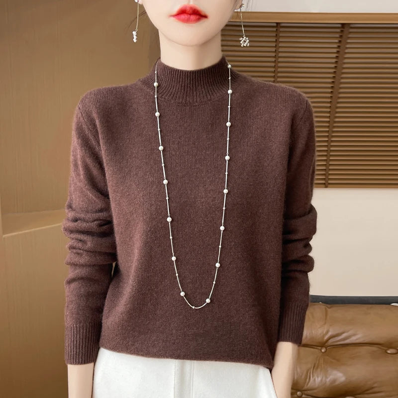 One Line Half Height 100% Andy Velvet Knitted Sweater For Women's Autumn And Winter New Top, Loose Long Sleeved Basic Style GH79