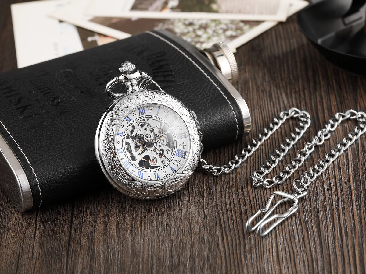 Luxury Silver Roman Numerals Machinery Pocket Watch Chain Men Women Hollow Vintage Pendant Necklace Best Gifts for Men Women