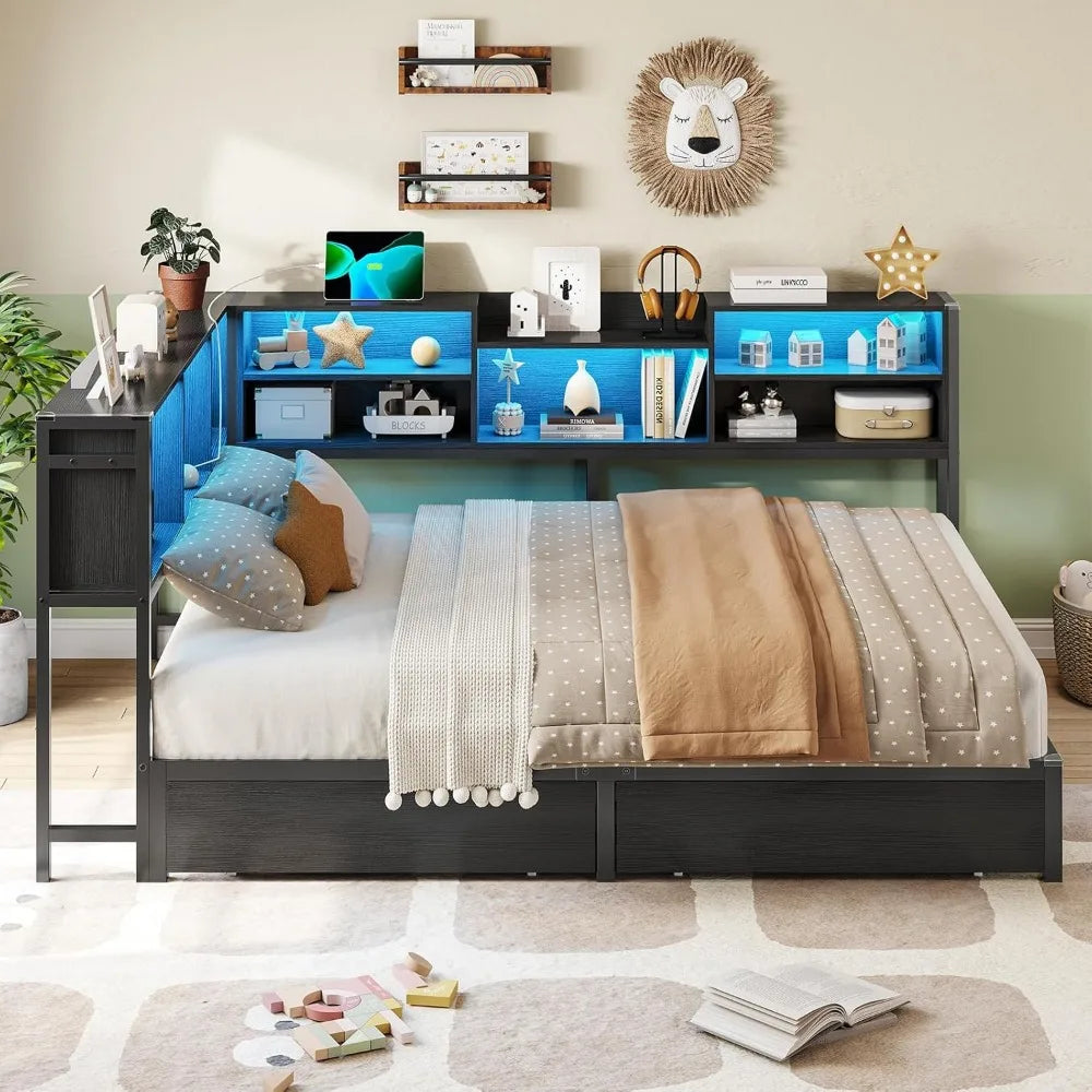 DICTAC Full Corner Bed Frame with Bookcase Storage and Led Lights Metal Platform Bed Frame with 2 Drawers and Charging Station F