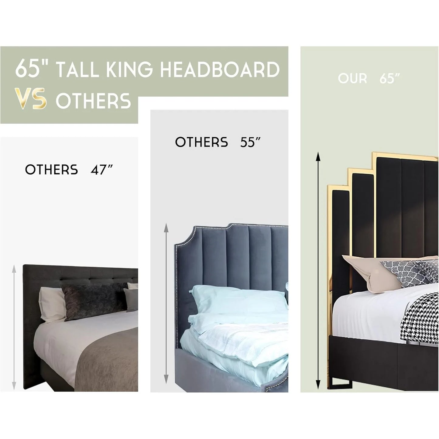 King Size Bed Frame and 65" Headboard, Upholstered Bed with Golden Plating Trim, Modern Platform Bed No Box Spring Needed, Black