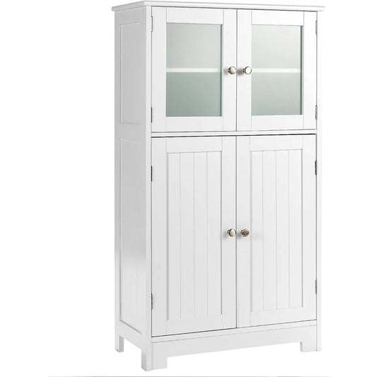 Bathroom Floor Cabinet, Freestanding Storage Cabinet w/Glass Doors, Wood Kitchen Cupboard w/Adjustable Shelf, Bathroom